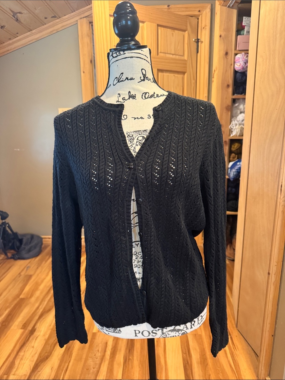 Classic Black Openwork Button-Up Cardigan - Women's Lightweight Layering
